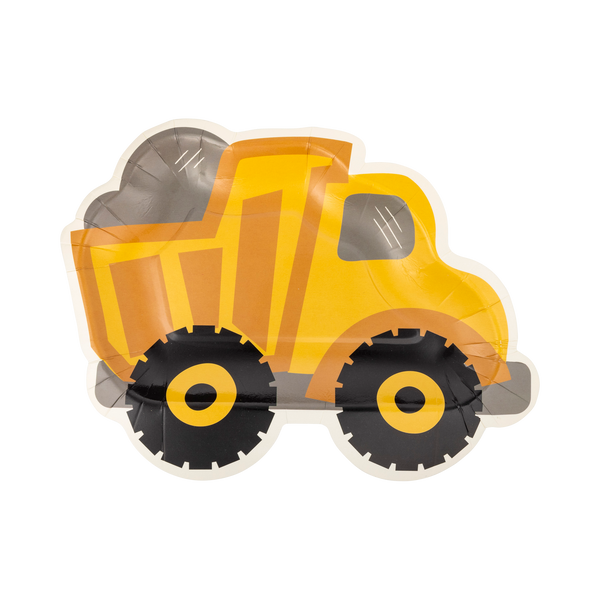 Yellow dump truck-shaped paper plate on a white background