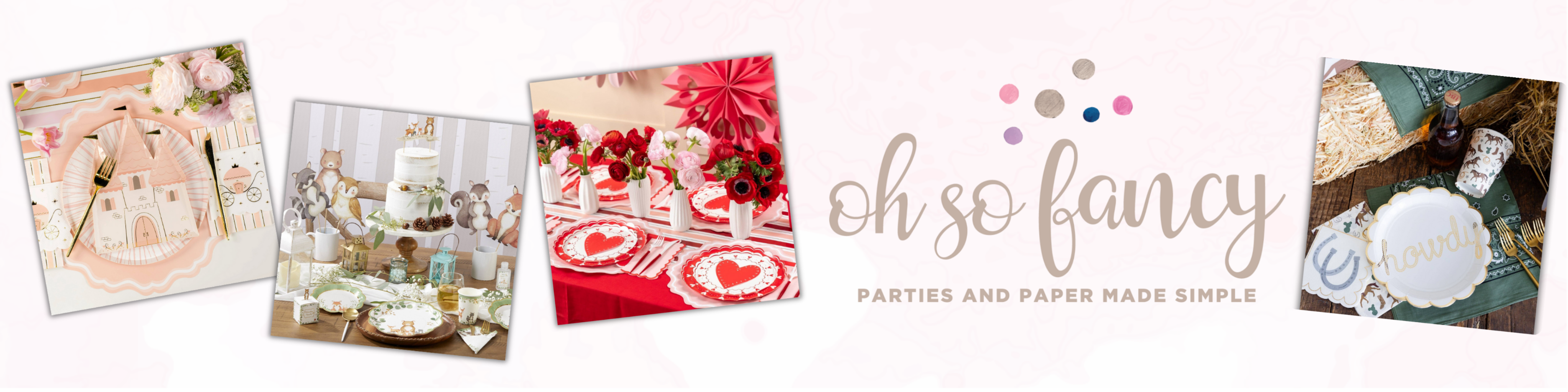 Promotional banner for 'Oh So Fancy' with party-themed images and text.