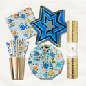 Hanukkah party bundle with foil plates, napkins, gold cups, mixed menorah and starburst straws, and gold table runner | Oh So Fancy Party