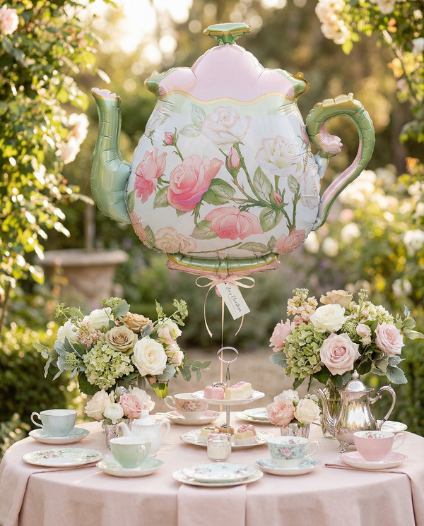 Decorative floral teapot with a garden-themed table setting featuring flowers and tea cups.