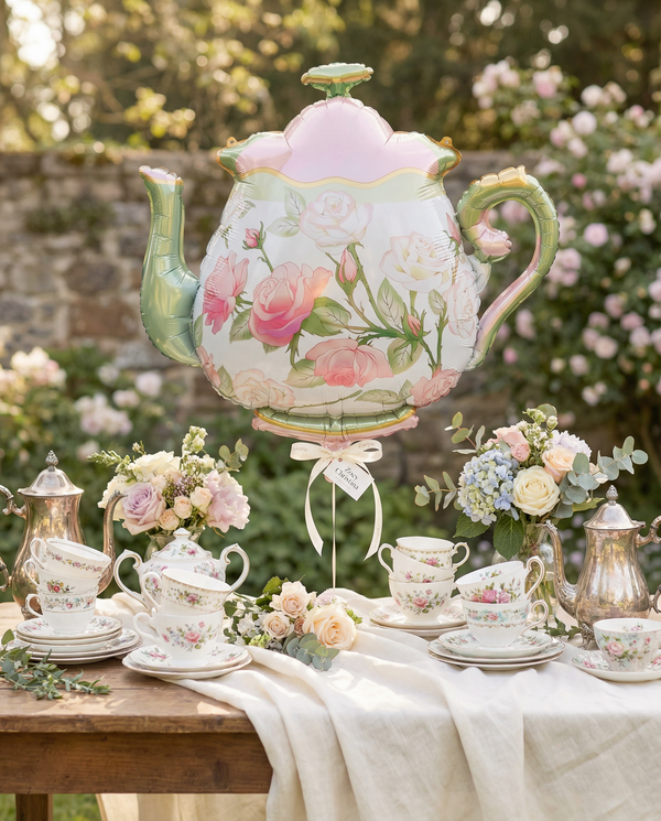 Decorative teapot with floral design on a table set outdoors with flowers and tea cups.