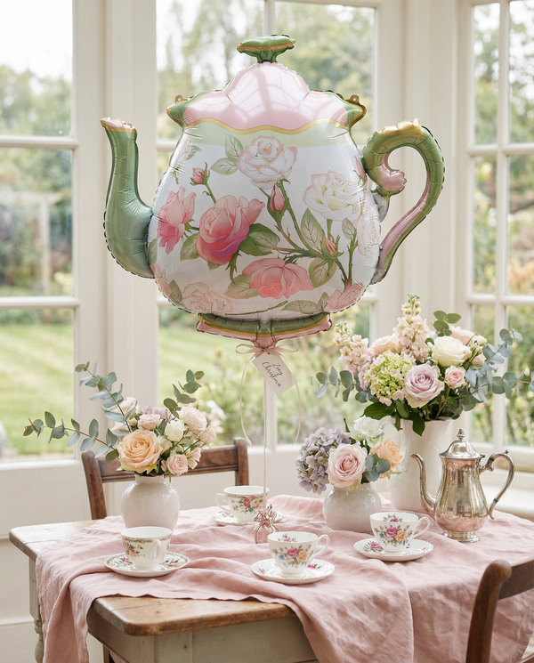 Decorative floral teapot above a table set with tea cups and flowers in a bright room.