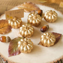 Gold pumpkins and acorns on a wooden surface with a name card.