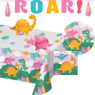 Pink Dino Birthday Party Tablecloth