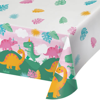 Pink Dino Birthday Party Tablecloth