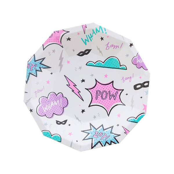 Decorative paper plate with superhero-themed design on a white background