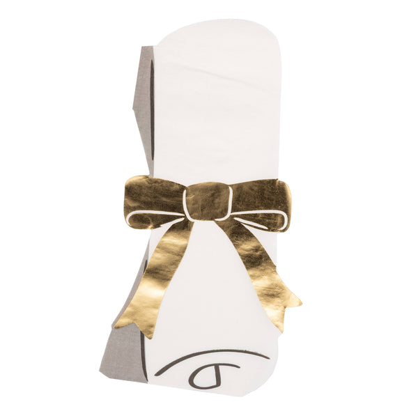 White towel with a gold bow and gray border on a white background