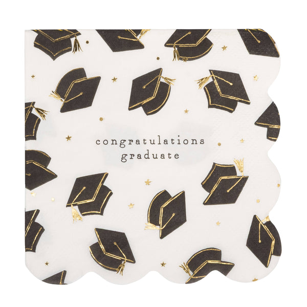 Graduation-themed paper napkins with black caps and gold accents on a white background, featuring the text 'Congratulations graduate'.