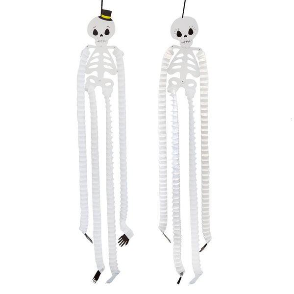 Two skeleton figures with long arms and legs on a white background