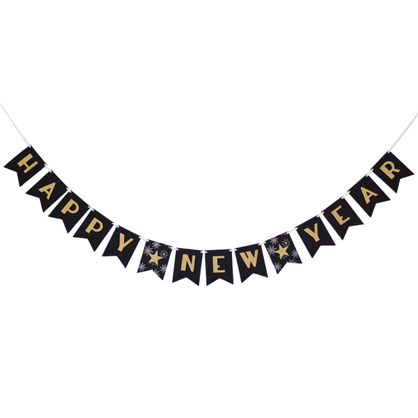 Happy New Year Banner – Black & Gold Party Garland | Made in USA