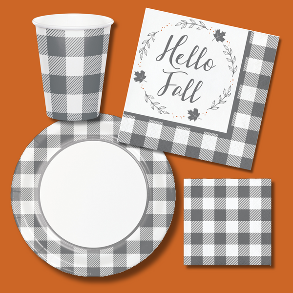 Gray Buffalo Plaid Hello Fall Napkins