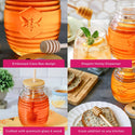 Collage of honey jars with embossed bee design, honey dispenser, and honey being poured into a glass.