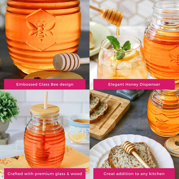 Collage of honey jars with embossed bee design, honey dispenser, and honey being poured into a glass.