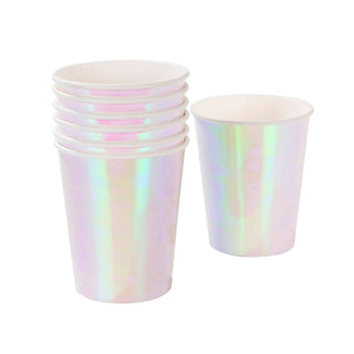 Set of iridescent paper cups on a white background