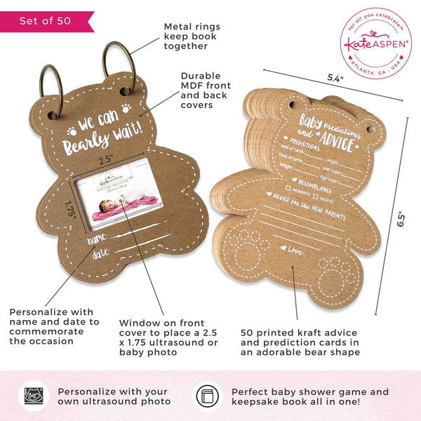 Bear-shaped baby shower book with features and specifications on a white background