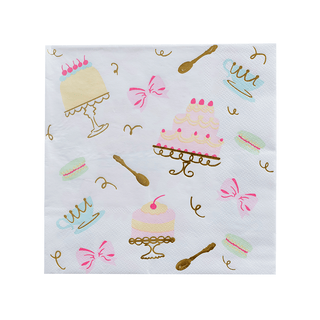 Patterned paper with cake illustrations on a white background