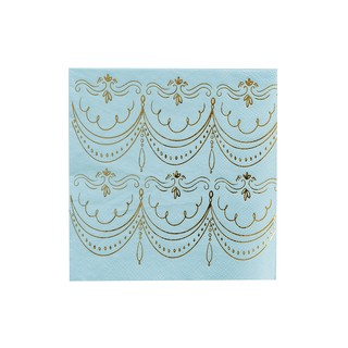 Decorative paper napkin with gold patterns on a light blue background