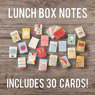 Collection of colorful lunch box notes on a wooden surface with text indicating 30 cards included.