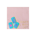 Napkin with colorful dice design and text on a pink background