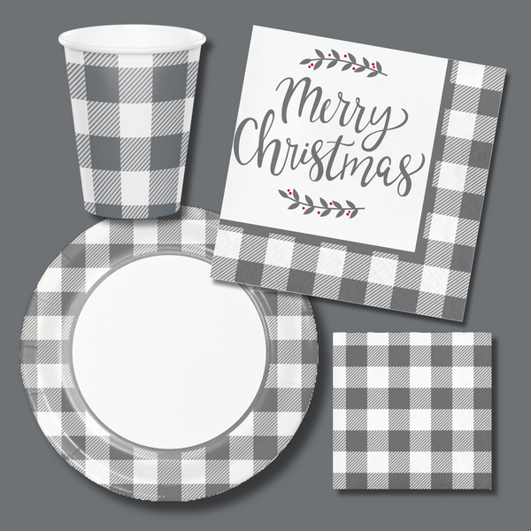 Merry Christmas - Grey Buffalo Plaid Tableware Bundle