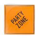 Orange napkin with 'PARTY ZONE' text on a white background