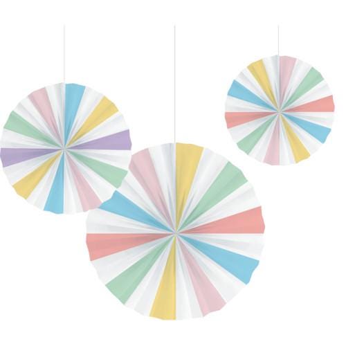 Three colorful paper fans in pastel colors on a white background