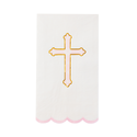 White napkin with a gold cross design on a white background
