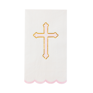 White napkin with a gold cross design on a white background