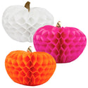 Three honeycomb-style pumpkins in white, pink, and orange on a white background