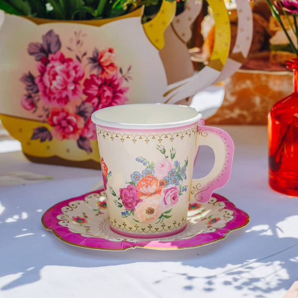 Floral Paper Teacups with Saucers – Set of 12 for Tea Party Decor