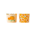Two paper cups with pumpkin designs on a white background
