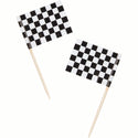 Two checkered flags on toothpicks against a white background