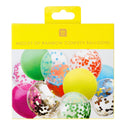 Packaging of rainbow confetti balloons with a yellow background
