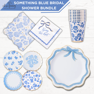 Bridal shower bundle with blue floral patterns on a white background