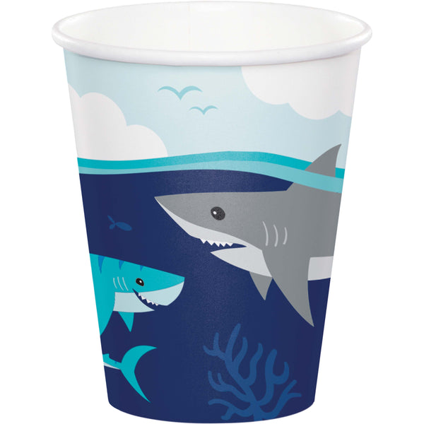 Paper cup with shark design on a blue ocean background - Oh So Fancy Party