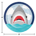 Paper plate with shark design and ocean background, size 9 inches.