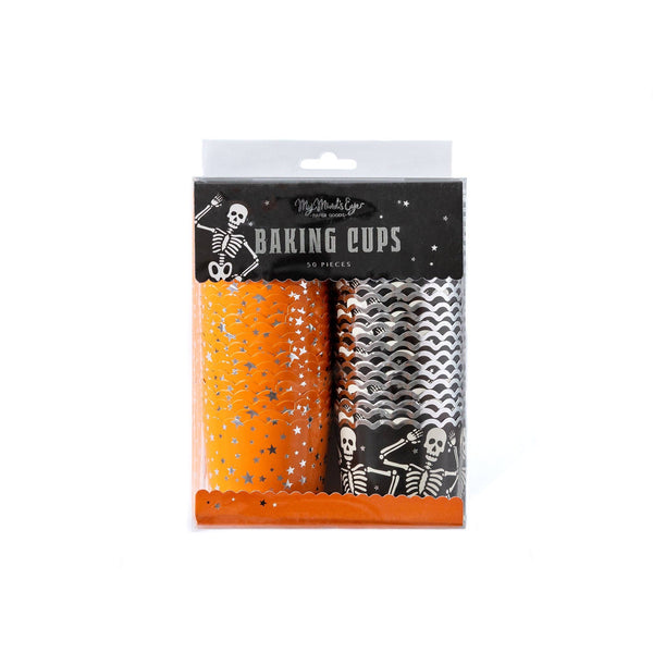 Pack of Halloween-themed baking cups with orange and black designs on a white background