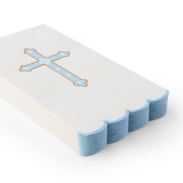 Stack of white cards with blue edges and a decorative cross on a white background