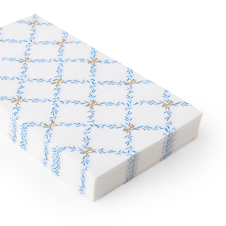 Stack of white paper with blue and gold pattern on a white background