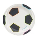 Paper plate designed like a soccer ball with black and gray patches on a white background