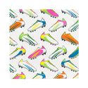 Pattern of colorful soccer cleats on a white background