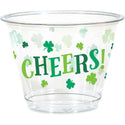 Clear plastic cup with green 'CHEERS!' text and shamrock patterns on a white background