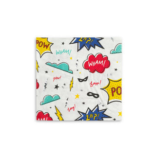 Superhero-themed napkins with colorful graphics on a white background