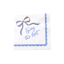 Napkin with blue bow design and 'Tying the Knot' text on a white background
