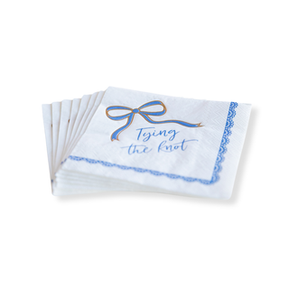 Set of white handkerchiefs with blue ribbon design and text on a white background