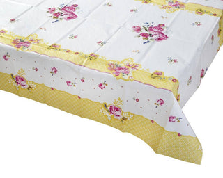 Floral tablecloth with yellow border on a white background