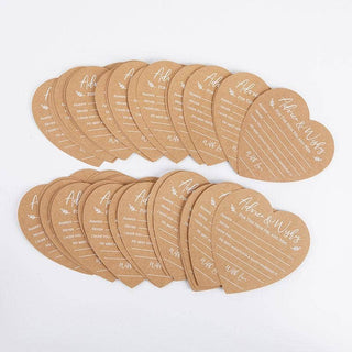 Heart-shaped cards with printed text on a white background