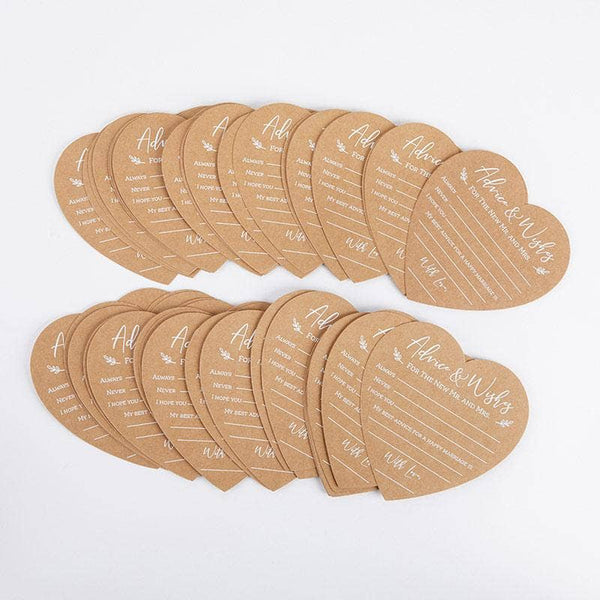 Heart-shaped cards with printed text on a white background