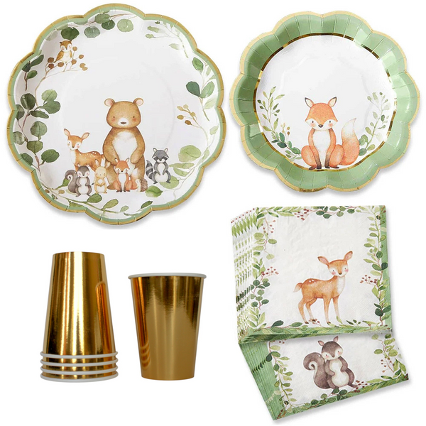 Woodland Baby Shower Tableware 78 Piece Bundle with Gold Cups