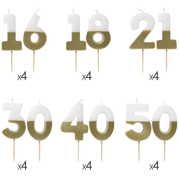 Set of number candles on sticks with gold and white design.